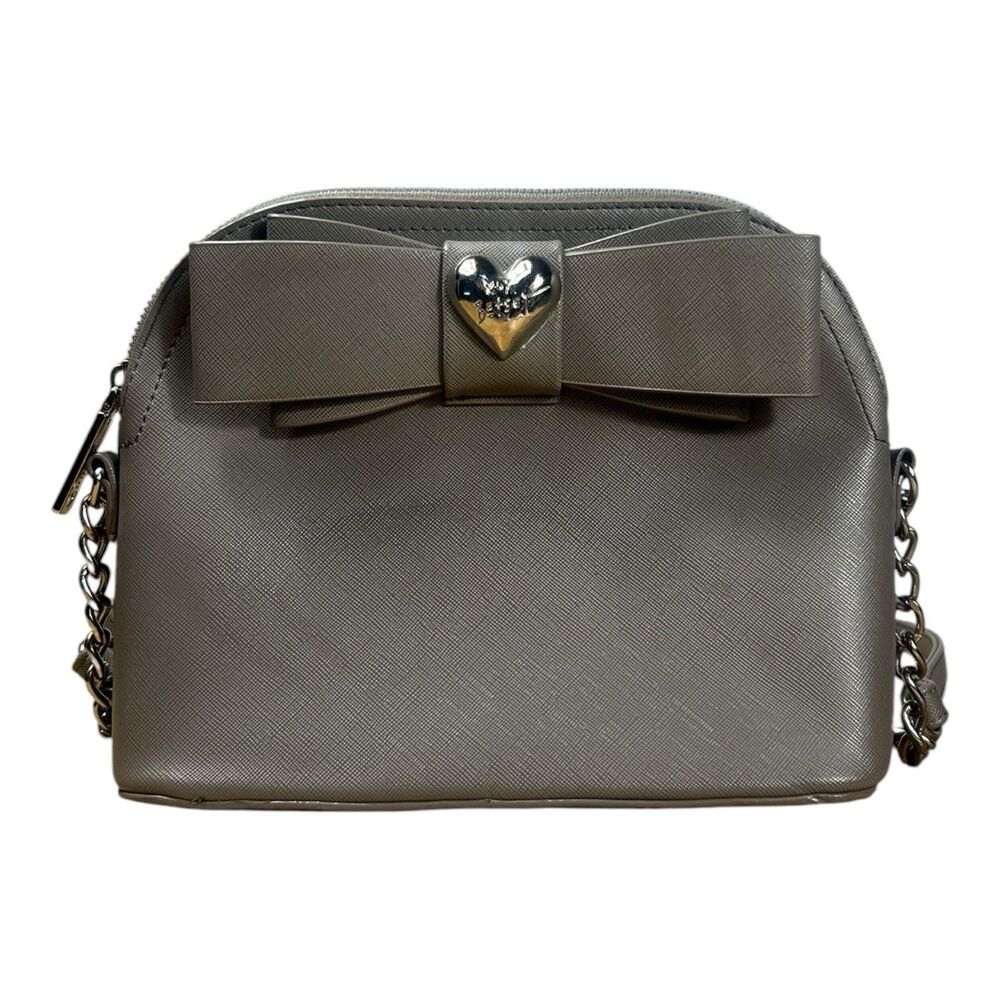 Betsey Johnson Gray Faux Leather Bow Crossbody Bag Silver Chain